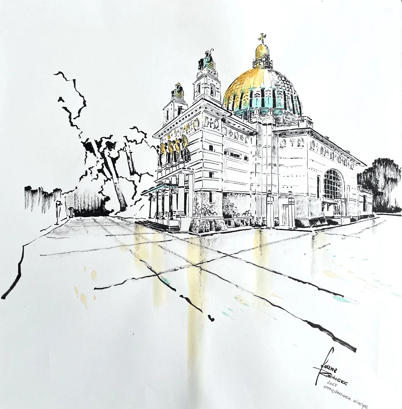 Zeichnung der Otto-Wagner-Kirche in Wien